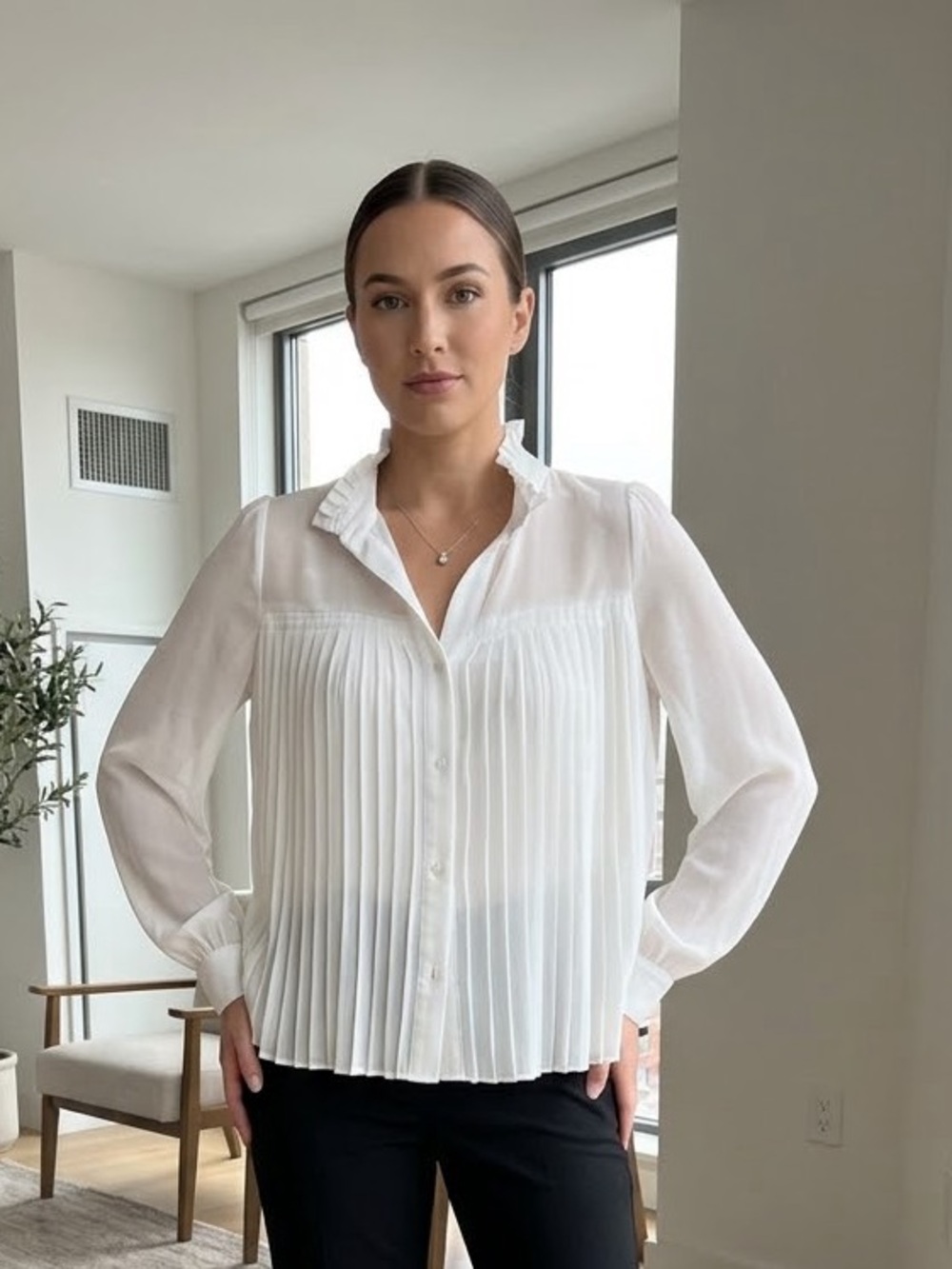 Banana Republic White Pleated Button-Up Blouse